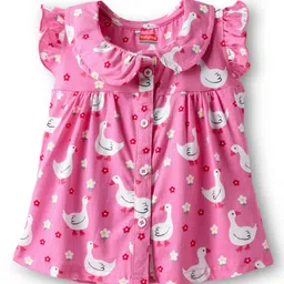 Babyhug Cotton Knit Frill Sleeves Co-ords Front Open Night Suit With Floral Print - Pink image 2