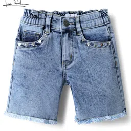 arias by lara dutta Arias Cotton Woven Knee Length Washed Shorts With Stretch & Hearts Studs -Blue image 2