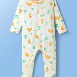 Babyoye Interlock Knit Full Sleeves Footed Sleepsuit With Dino Print Pack Of 2 - Aqua & White image 2
