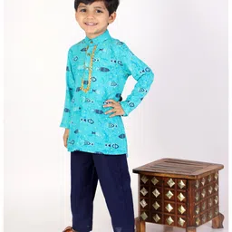 M'andy Full Sleeves Fishes Printed Kurta With Pyjama - Blue image 3