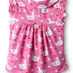 Babyhug Cotton Knit Frill Sleeves Co-ords Front Open Night Suit With Floral Print - Pink image 3