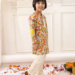 KID1 Cotton Woven Full Sleeves Madhubani Art Printed Kurta Pyjama Set - Yellow image 4