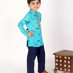 M'andy Full Sleeves Fishes Printed Kurta With Pyjama - Blue image 4