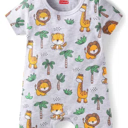 Babyhug Interlock Knit Half Sleeves Striped & Animal Printed Rompers Pack Of 2 - Green & Grey image 4
