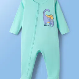 Babyoye Interlock Knit Full Sleeves Footed Sleepsuit With Dino Print Pack Of 2 - Aqua & White image 4