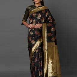 Mitera Black & Gold-Coloured Silk Blend Woven Design Kanjeevaram Saree image 1