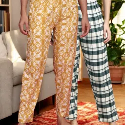 Kryptic Mustard & Green Cotton Relaxed Fit Printed Lounge Pants - Pack of 2 image 1