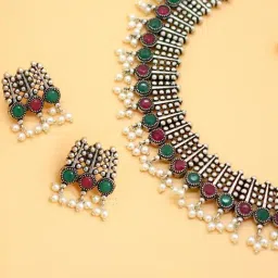 Teejh Ethnic Symmetric Multi Silver Necklace Set for Women-picture-11