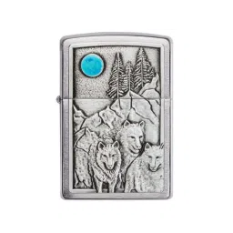 Zippo Chrome Brass Wolf Pack And Moon Emblem Design Windproof Pocket Lighter image 1