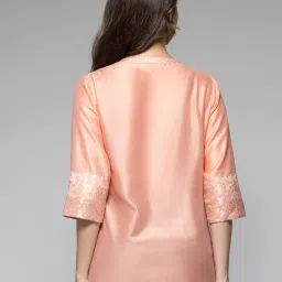 SHAYE Peach Chanderi Regular fit Print Kurta kurtis image 2