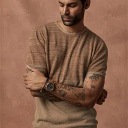 Andamen Khaki Cotton Regular Fit Self Pattern T-Shirt image 1