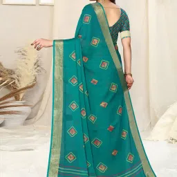 Mirchi Fashion Teal Chiffon Block Print Saree With Unstitched Blouse image 2