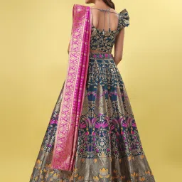 PURVAJA Teal Floral Print Stitched Lehenga & Unstitched Blouse With Dupatta image 2