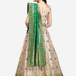 PURVAJA Green & Off White Printed Stitched Lehenga & Unstitched Blouse With Dupatta image 2