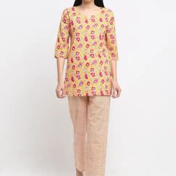 NEUDIS Yellow Cotton Floral Print Tunic Pyjama Set-picture-48
