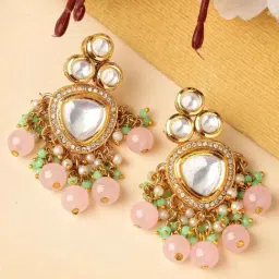 Karatcart Gold-Plated Pink Beads Lime Green Crystals Kundan Dangler Earrings for Women-picture-40