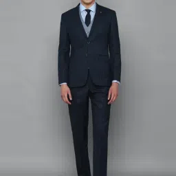 Louis Philippe Gods & Kings Navy Blue Slim Fit Checks Three Piece Suits-image-97