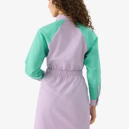 The Souled Store Purple & Green Cotton Color-Block Blouson Dress image 2