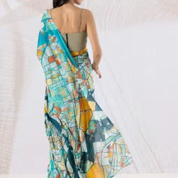 navyasa by liva Blue Printed Saree With Unstitched Blouse image 2