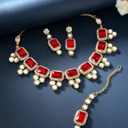 Peora Gold-Plated Kundan Red Crystal Necklace Earrings Maang Tikka Jewellery Set-image-93