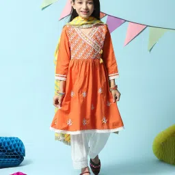 BIBA Girls Orange & White Embroidered Kurta with Sharara image 1