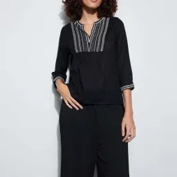 Fame Forever By Lifestyle Black Cotton Regular Fit Embroidered Top image 4