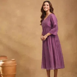 Fabindia Pink Cotton Silk Embroidered Midi Dress image 5