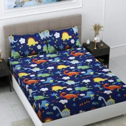 FABINALIV Navy Blue Cartoon Print 300 TC Cotton Blend Bedsheet with 2 Pillow Covers (King)-picture-31