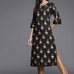Libas Women Black & Beige Quirky Printed Round Neck Quirky Kurta-picture-2