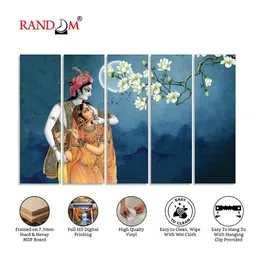 RANDOM Vinyl Blue & Orange 5 Piece Radha & Krishna Religious Canvas Wall Paintings image 4