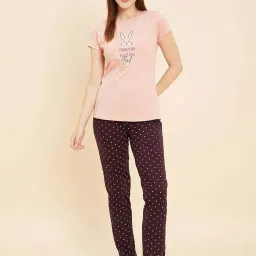 Sweet Dreams Pink & Maroon Cotton Printed T-Shirt Pyjama Set image 1