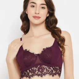 Clovia Purple Lace Padded Full Coverage Bralette Bra image 1
