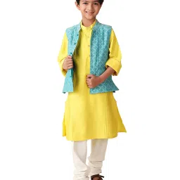 Fabindia Kids Yellow & Blue Printed Full Sleeves Kurta with Nehru Jacket image 1