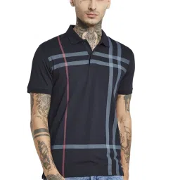 Octave Navy Cotton Regular Fit Striped Polo T-Shirt image 1