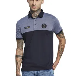 Octave Blue Cotton Regular Fit Colour Block Polo T-Shirt image 1