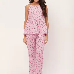 Moomaya Pink Cotton Floral Print Top With Pyjamas image 1