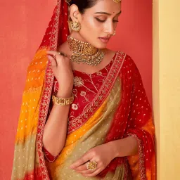 Saree Mall Red Embellished Sarees With Unstitched Blouse image 2