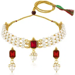 Peora Gold Plated White Maroon Synthetic Stone & Beads Studded Necklace & Earrings Set image 2
