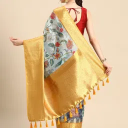 Silk Land Blue & Gold Printed Saree With Unstitched Blouse image 2