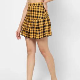 VASTRADO Yellow Cotton Chequered Mini A-Line Skirt-picture-34