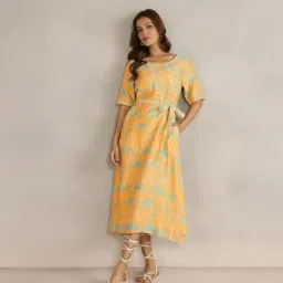 Fabindia Women's Yellow Printed Round Neck Elbow Sleeves A-Line Dress-image-40