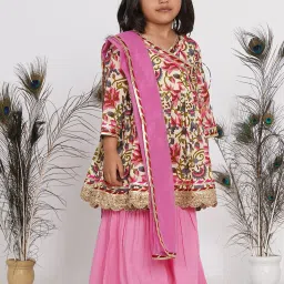 Little Bansi Kids Pink Printed Angrakha Style Kurta with Sharara & Dupatta image 3