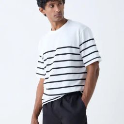 WES Lounge by Westside White Striped Relaxed-Fit Cotton-Blend T-Shirt-picture-6
