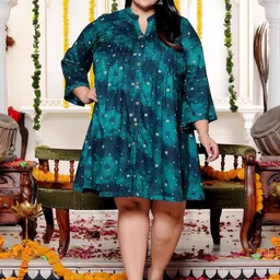 Swasti Women Teal Floral Printed Mandarin Collar Viscose Rayon A-Line Dress-picture-38