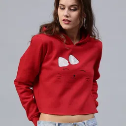 SASSAFRAS Women Red Printed Detail Hooded Crop Sweatshirt-picture-18