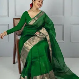 Satrani Green Woven Saree With Unstitched Blouse-picture-10