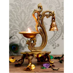 eCraftIndia Antique Finish Brass Parrot Showpiece Diya with Bells and Stand-picture-13
