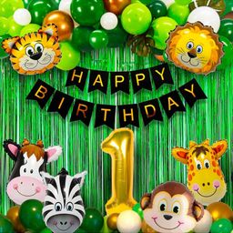 Bubble Trouble Jungle Theme 1st Birthday Decorations Hawaiian Animals Safari Forest Foil Balloons Metallic Balloons Foil Curtain Bunting for 1st Theme Bday Kids Bday Parties Supplies - 52 Pcs-picture-2