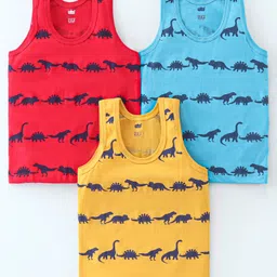 Simply Cotton Interlock Knit Sleeveless Vest Dino Print Pack Of 3 - Red Gold & Sky Blue-image-32