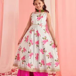 Pspeaches Silk Blend Sleeveless Floral Printed & Gotta Patti Embellished Kurta With Palazzos & Dupatta - White & Pink-picture-13